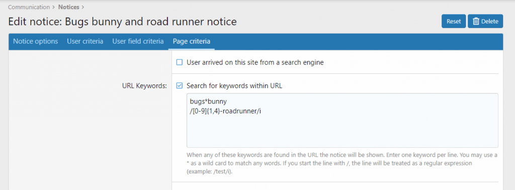 Notice by URL Keyword Options